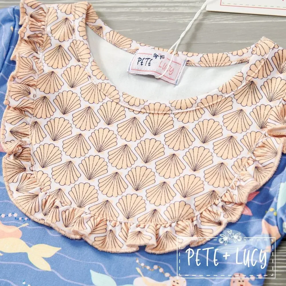 PETE + LUCY Mermaid and Shells Long Sleeve Ruffle Bib Dress 2T